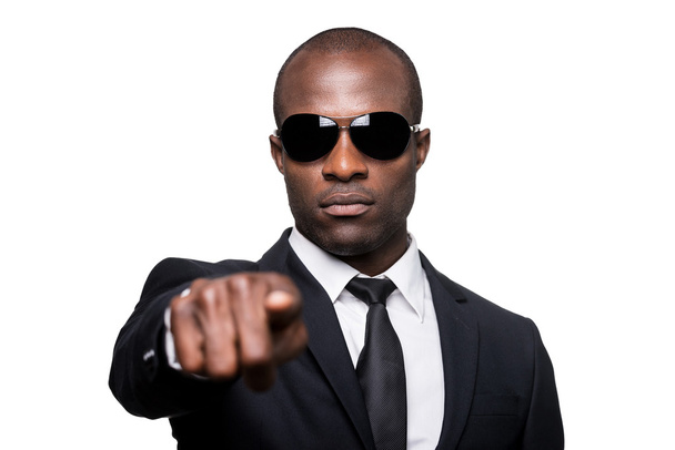 African man in formalwear and sunglasses pointing you - Zdjęcie, obraz