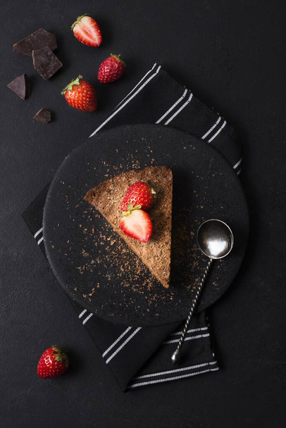 top view tasty cake with strawberry plate. Resolution and high quality beautiful photo - Photo, image