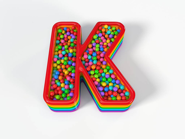 Carta K piscina infantil em forma cheia de bolas de brinquedo de plástico. Adequado para crianças, jogos e temas de brinquedos. Ilustração 3D - Foto, Imagem
