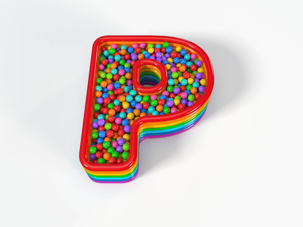 Levél P alakú gyermekmedence tele műanyag játékgolyókkal. Alkalmas gyerekeknek, játékoknak és játéktémáknak. 3D illusztráció - Fotó, kép