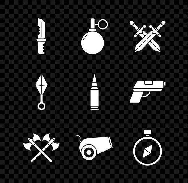 Set Cuchillo militar, granada de mano, espada medieval cruzada, hachas, cañón, brújula, shuriken ninja japonés e icono de bala. Vector - Vector, imagen