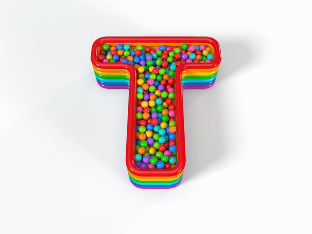 Piscine pour enfants en forme de lettre T remplie de boules de jouets en plastique. Convient aux enfants, aux jeux et aux thèmes de jouets. Illustration 3D - Photo, image