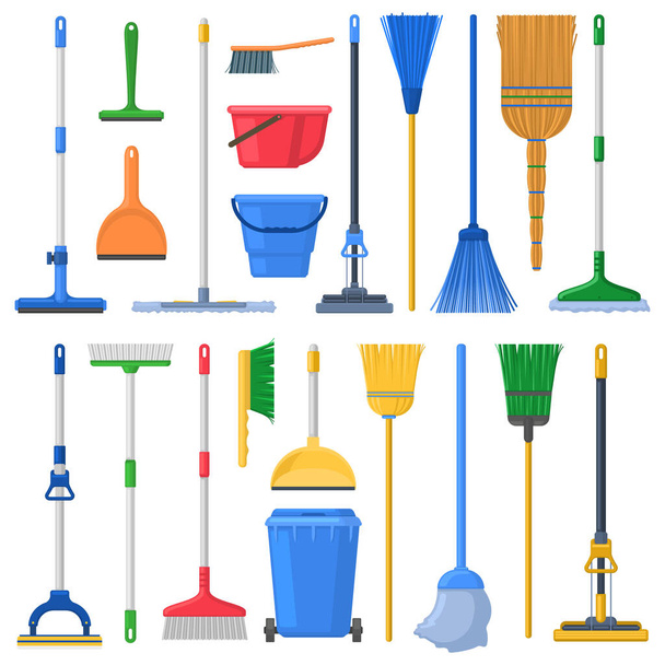 Household cleaning mops, broom, sweeps, scoops and plastic buckets. Cleaning swab, mop, broom, feather duster and dustpan vector Illustration set. House cleaning supplies - Vector, Image
