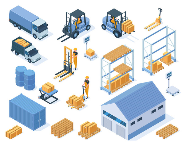 アイソメトリック倉庫保管配送ロジスティックサービス要素。倉庫ビル、フォークリフト、倉庫労働者のベクトル図セット。産業用貯蔵装置 - ベクター画像