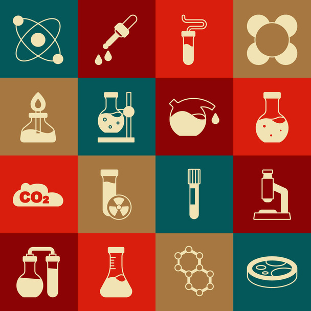 Nastavte Petriho misku s bakteriemi, mikroskopem, zkumavkou, baňkou na stojanu, alkoholem nebo lihovým hořákem, Atomem a ikonou. Vektor - Vektor, obrázek