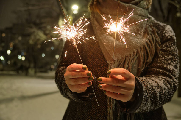 Το κορίτσι περπατά στο Χριστουγεννιάτικο πάρκο με εορταστικά φώτα το βράδυ. Νιώστε ευτυχισμένοι σε μια μεγάλη πόλη. - Φωτογραφία, εικόνα