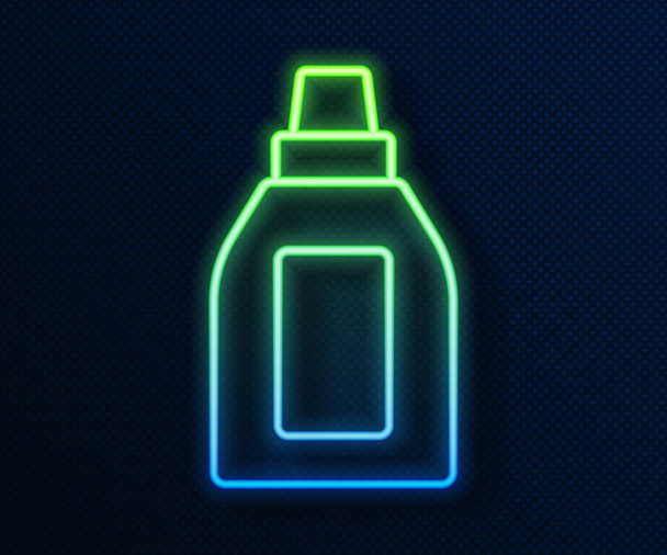 Zářící neonová řada Plastová láhev na prací prostředek, bělidlo, mycí kapalina nebo jiná ikona čisticího prostředku izolovaná na modrém pozadí. Vektor - Vektor, obrázek