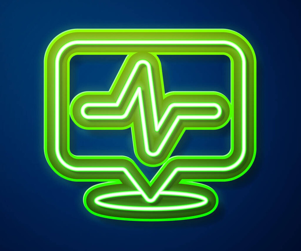 Glowing neon line Heart rate icon isolated on blue background. Heartbeat sign. Heart pulse icon. Cardiogram icon. Vector - Вектор, зображення