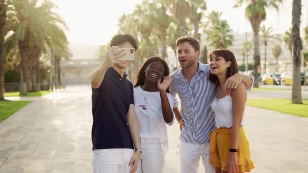 Gelukkig gevarieerde jongeren bellen naar vrienden met de smartphone tijdens de zomervakantie aan zee - Video