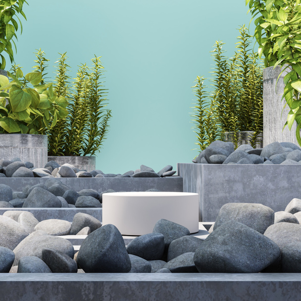 white podium on mockup garden scene, stone and plants on blue background, Abstract background for product or ads presentation. 3d rendering - Photo, Image