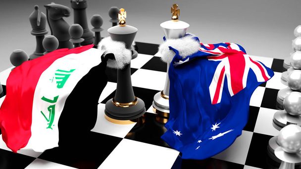 Iraq Australia crisis, choque, conflicto y debate entre esos dos países que apunta a un acuerdo comercial o dominación simbolizado por un juego de ajedrez con banderas nacionales, ilustración 3d - Foto, Imagen