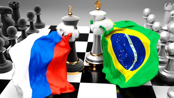 Rusia Brasil crisis, choque, conflicto y debate entre esos dos países que tiene como objetivo un acuerdo comercial o dominio simbolizado por un juego de ajedrez con banderas nacionales, ilustración 3d - Foto, Imagen
