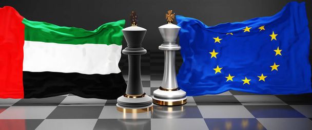 Top EU-Europa van de Verenigde Arabische Emiraten, strijd of een stand-off tussen die twee landen die politieke kwesties willen oplossen, gesymboliseerd door een schaakspel met nationale vlaggen, 3D-illustratie - Foto, afbeelding