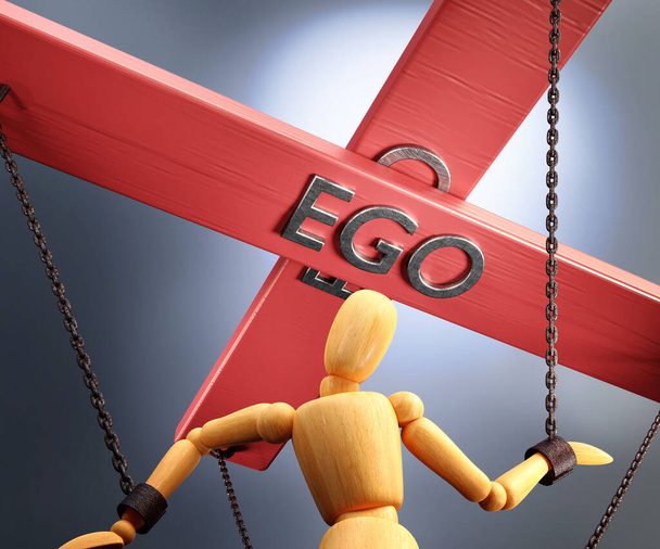 Ego contrôle, pouvoir, autorité et manipulation symbolisés par la barre de contrôle avec le mot Ego tirant les ficelles (chaînes) d'une marionnette en bois, illustration 3D - Photo, image
