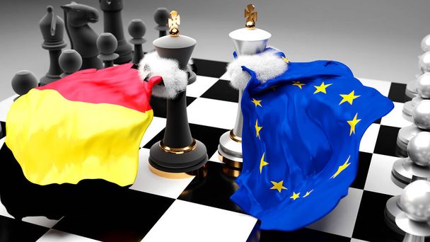 Bélgica crisis de la UE Europa, choque, conflicto y debate entre esos dos países que tiene como objetivo un acuerdo comercial o dominio simbolizado por un juego de ajedrez con banderas nacionales, 3d ilustración - Foto, Imagen