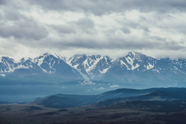 Malowniczy krajobraz górski z wielkim śnieżnym pasmem górskim wśród niskich chmur i zielonych lasów w dolinie wczesnym rankiem. Atmosferyczna sceneria alpejska z niebieskim białym grzbietem górskim pod zachmurzonym niebem. - Zdjęcie, obraz