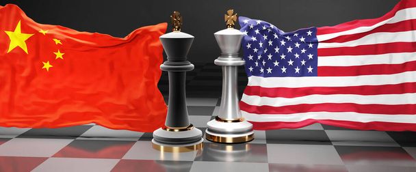Chine États-Unis sommet, combat ou un écart entre ces deux pays qui vise à résoudre des questions politiques, symbolisé par un jeu d'échecs avec des drapeaux nationaux, illustration 3D - Photo, image