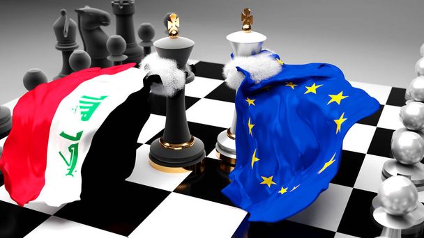 Iraq crisis de la UE Europa, choque, conflicto y debate entre esos dos países que apunta a un acuerdo comercial o dominio simbolizado por un juego de ajedrez con banderas nacionales, ilustración 3d - Foto, Imagen