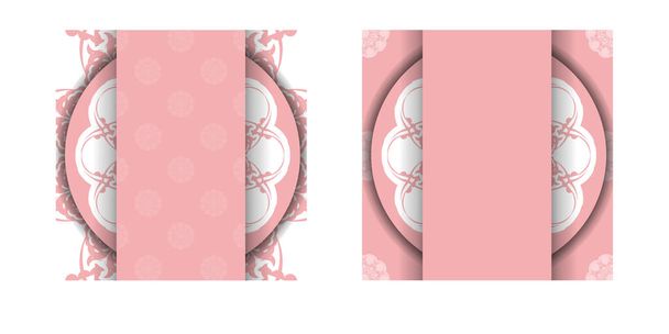 Plantilla de folleto de color rosa con adornos blancos griegos para su diseño. - Vector, imagen