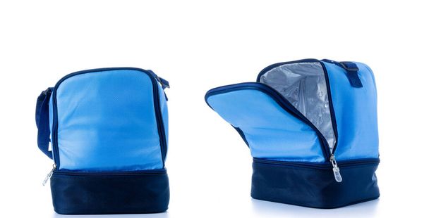 Набор термосов. Синий кемпинг морозилка, холодный сбор коробки для холодной пищи обед изолированы на белом фоне. Термос мешок для отдыха и освежения - Фото, изображение