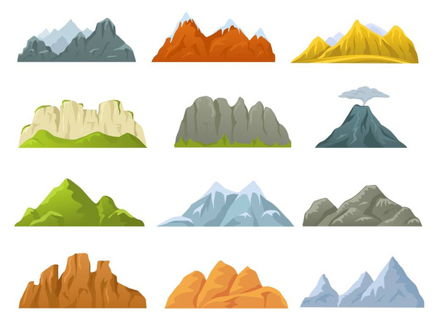 Góry kreskówek grzbiety, skaliste klify, śnieżne szczyty i wzgórza. Kamienny klif, wulkan, wzgórze, górskie elementy projektu gry wektor zestaw - Wektor, obraz
