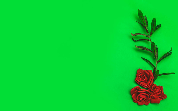 Hermosas rosas rojas flores aisladas sobre fondo verde para el día de San Valentín o las vacaciones de las mujeres - Foto, imagen
