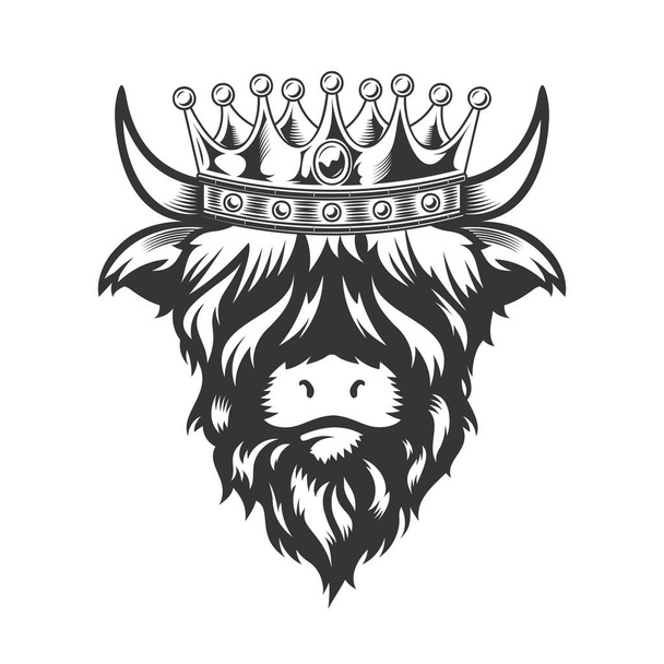 Rei vaca Highland com design de cabeça coroa no fundo branco. Farm Animal. Logótipos ou ícones de vacas. ilustração vetorial. - Vetor, Imagem