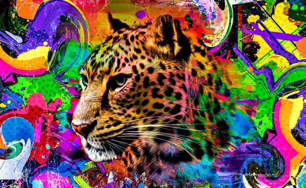 Colorido bozal de leopardo artístico con salpicaduras de pintura brillante sobre fondo oscuro  - Foto, imagen