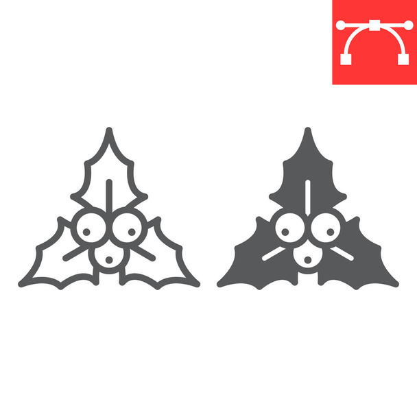 Karácsonyi magyal bogyó vonal és a glyph ikon - Vektor, kép