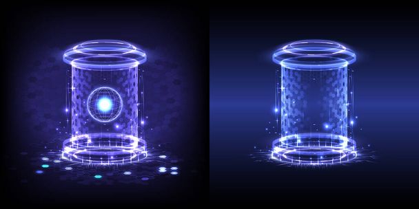 Portal and hologram science futuristic. Lab technology hexagon capsule. Sci-fi digital hi-tech in glowing HUD projector. Magic gate in game fantasy. Circle teleport podium. GUI and UI virtual reality - Vektor, obrázek