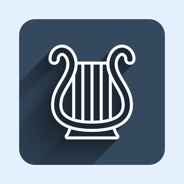 Ligne blanche Icône de lyre grecque ancienne isolée avec un fond d'ombre long. Instrument de musique classique, élément acoustique à cordes orhestra. Bouton carré bleu. Vecteur - Vecteur, image