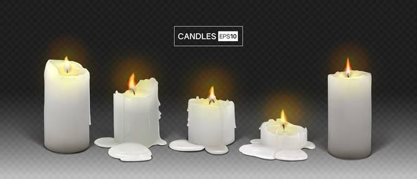Set of burning white candles on a transparent background - Vector, Image