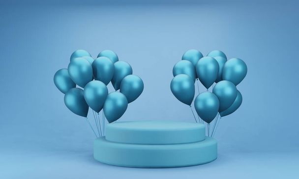 Plataforma de apresentação, com um grupo realista de balões de hélio azul. - Foto, Imagem
