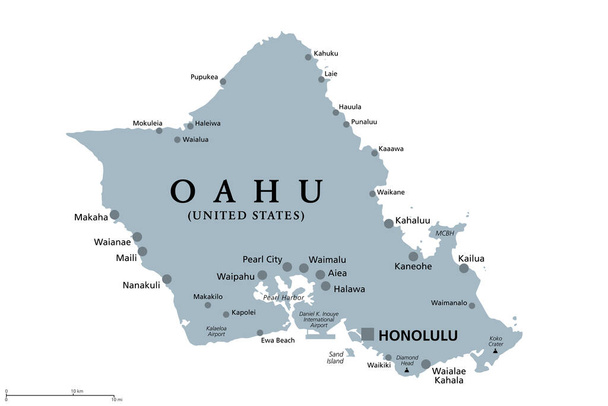 Oahu, Hawaï, carte politique grise avec la capitale Honolulu. Partie des îles Hawaii et Hawaii, un état des États-Unis dans l'océan Pacifique Nord. Connu sous le nom de The Gathering Place. Illustration. Vecteur - Vecteur, image