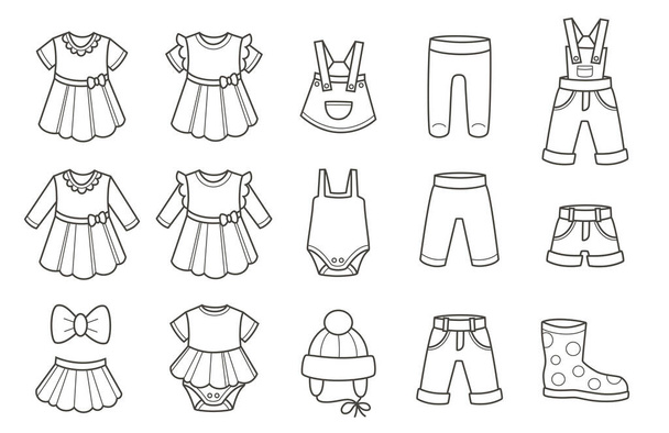 Neonato. Set di icone dei vestiti per bambini. Abbigliamento per maschio e femmina. Illustrazione vettoriale isolata su sfondo bianco. - Vettoriali, immagini
