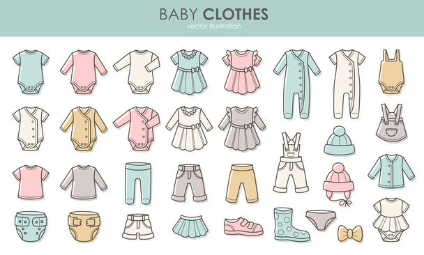 Pasgeborene. Baby kleding iconen ingesteld. Kleding voor jongen en meisje. Geïsoleerde vectorillustratie op witte achtergrond. - Vector, afbeelding
