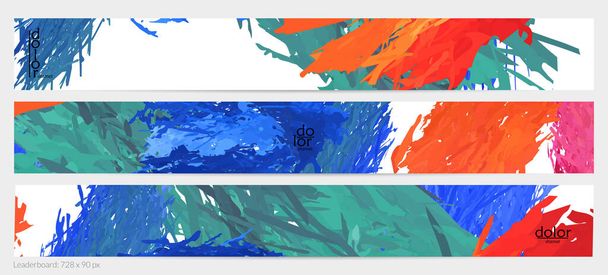 Abstract vector horizontal banner template. Colorful brush stoke imitation of watercolor paint. Dimensional layered feather rainbow colored texture. Creative artistic advertising leaderboard. - Vektor, Bild