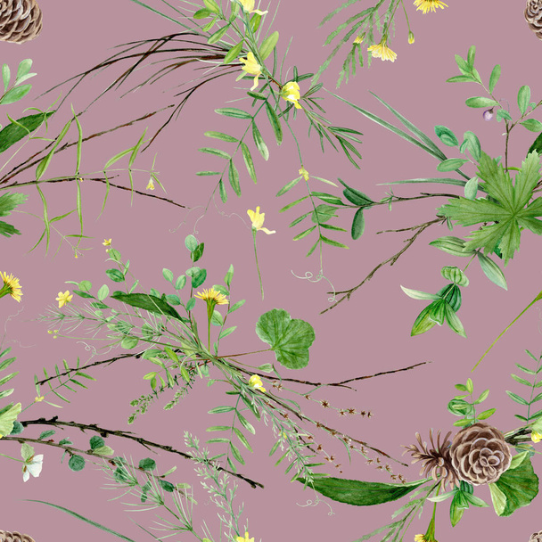 Seamless floral pattern with watercolor forest plants and flowers, artistic painting natural background - Valokuva, kuva