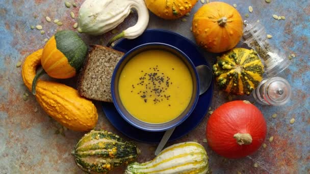 Compositon with autumn classic food. Tasty homemade pumpkin soup decorated with black seed - Footage, Video