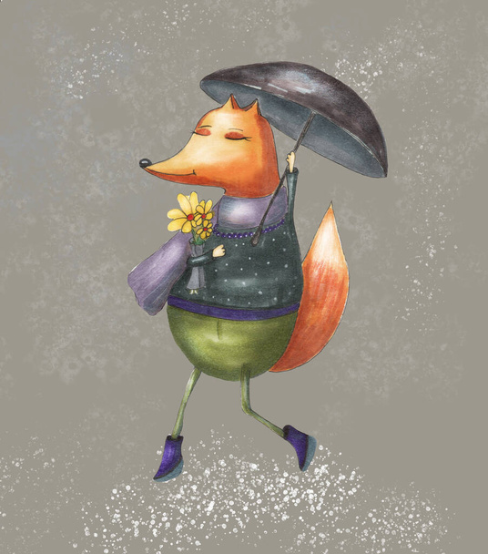 Ilustración de un zorro rojo en ropa con un paraguas, póster de decoración de pared. - Foto, imagen