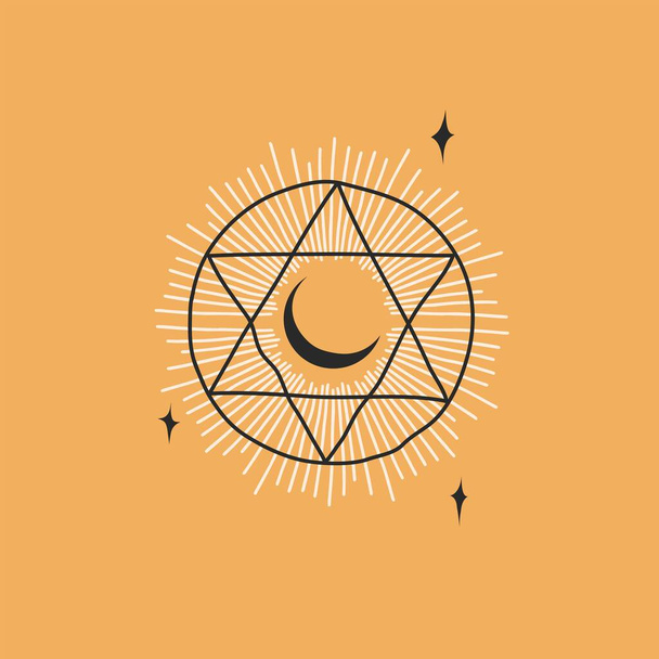 El çizimi vektör soyut düz grafik çizimi logo elementi, bohem astroloji mistik çizgi kemerinin minimalist amblemi ve ışınlar ile hilal ay, markalaşma için basit stil. - Vektör, Görsel