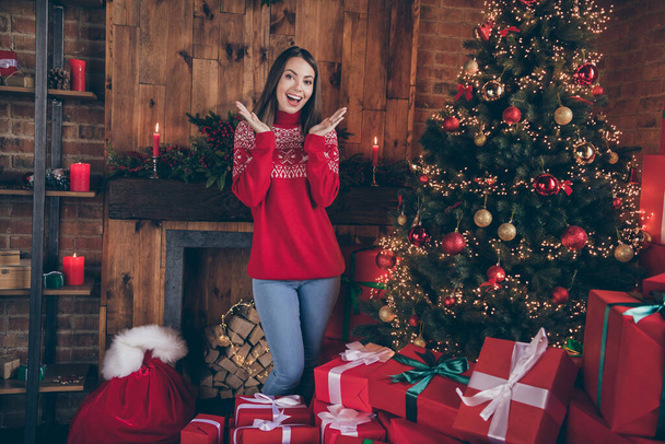 Photo of shocked beautiful young woman dressed red sweater getting gifts under new year tree smiling indoors room home house - Fotografie, Obrázek