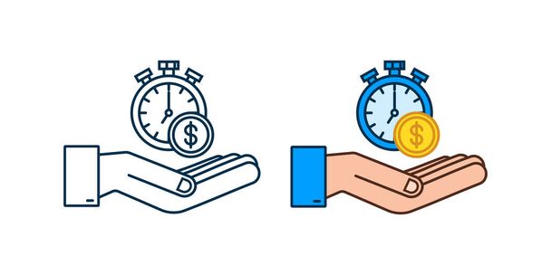 Час це грошова концепція, годинник і монета в руках, довгострокові фінансові інвестиції. Векторні ілюстрації
. - Вектор, зображення