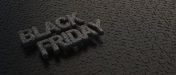 Black Friday Sale concept. Zwarte vrijdag tekst belettering en donkere abstracte geometrische greeble cube achtergrond, Banner, website header. Futuristische promotie teken template, 3d illustratie - Foto, afbeelding
