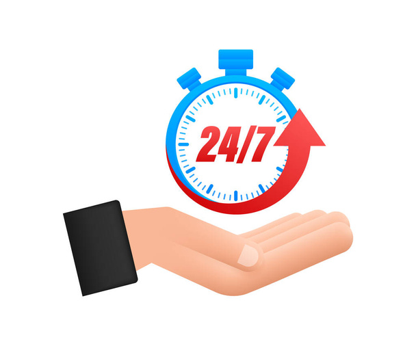 24-7 service concept with hands. 24-7 open. Support service icon. Vector stock illustration. - Vector, Imagen