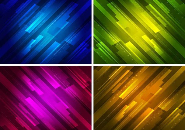 Set technologie abstraite concept futuriste jaune, bleu, vert, rouge rayures diagonales lumineuses superposées sur fond sombre. Illustration vectorielle - Vecteur, image