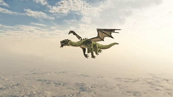 Green Dragon Flying through the Clouds - Photo, Image