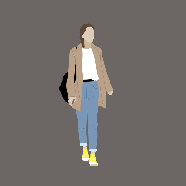 Vector illustration of Kpop street fashion. Street idols of Koreans. Kpop women's fashion idol. A girl in a brown shirt and jeans and with yellow sneakers. - Vettoriali, immagini