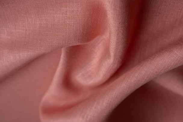Natural linen fabric texture. Textured pink fabric background. Macro with shallow dof - Photo, Image