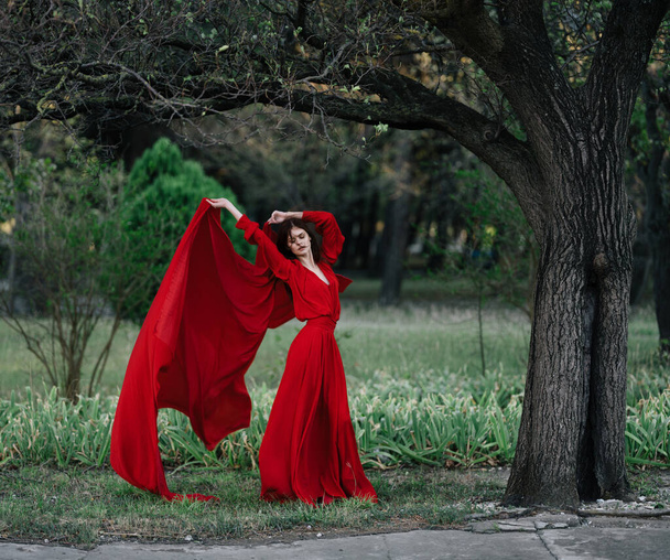 Woman in red dress posing fashion nature tree - Foto, afbeelding